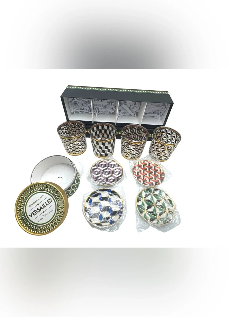 Jonathan Adler Versailles Cocktail Glasses + Porcelain Coasters — Set of 4 Each